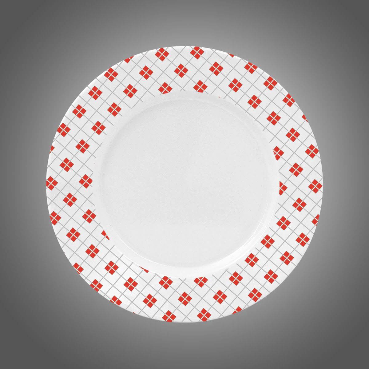 19 cm çapında melaminden üretilmiş beyaz ve desenli servis tabağı